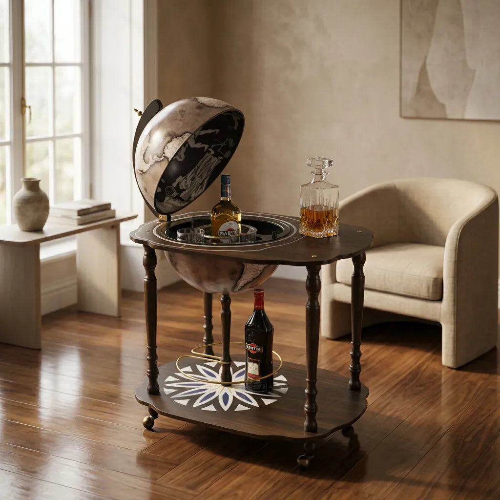 Zoffoli Vesuvio: open globe bar trolley with drinks beside an armchair in a bright living room.