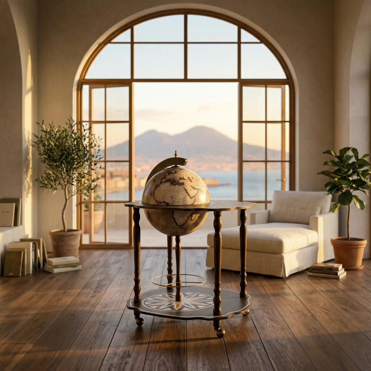 Zoffoli Vesuvio: globe bar trolley with its sphere closed beside a large arched window.