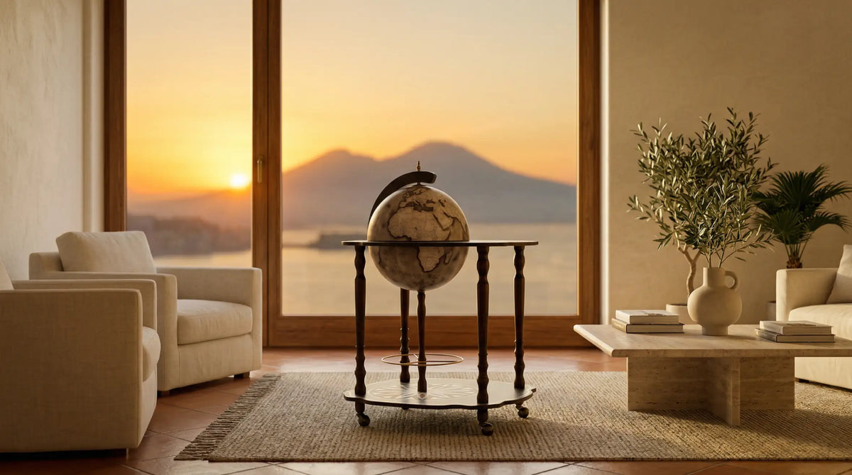 Zoffoli Vesuvio: globe bar trolley in a living room with a large sunset-view window.