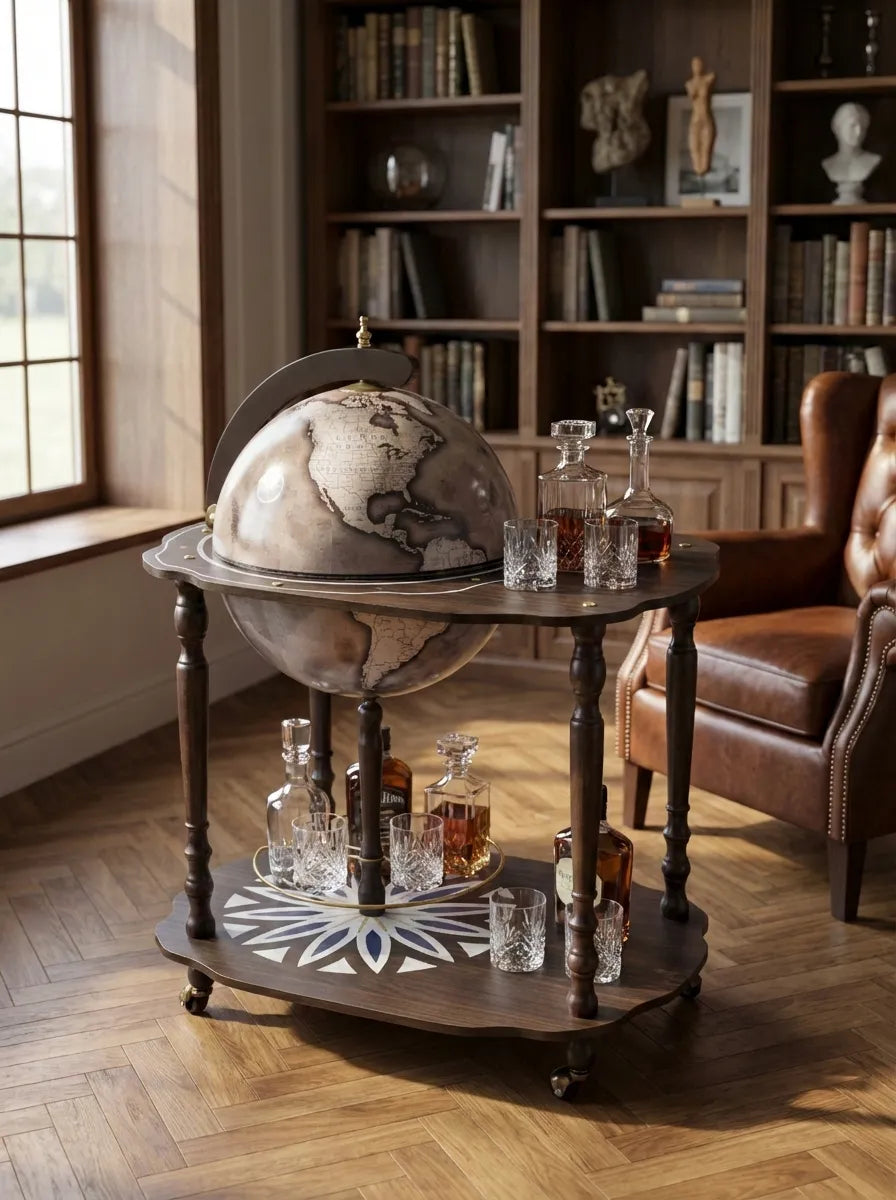 Zoffoli Vesuvio: Noir globe bar trolley beside an armchair and bookcase in a study.