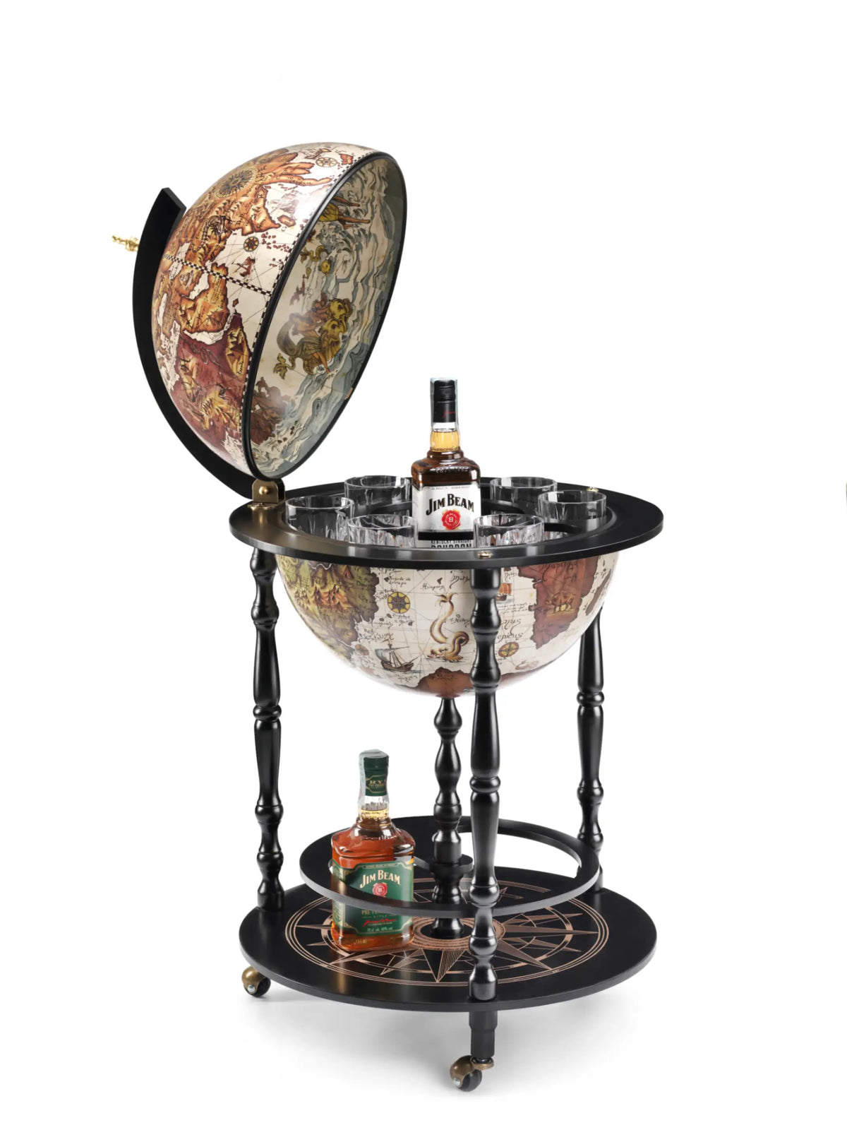 Zoffoli Vulcano: Black globe bar opened to show drinks storage, lower shelf and wheels.