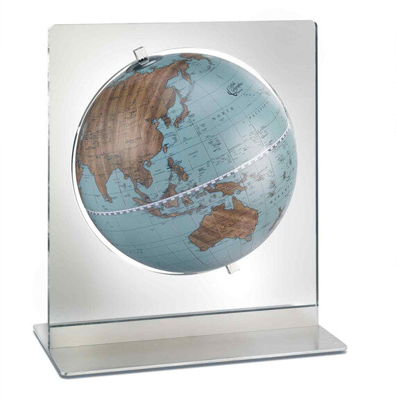 Zoffoli Aria: Avio desk globe with a blue world map and clear rectangular support.