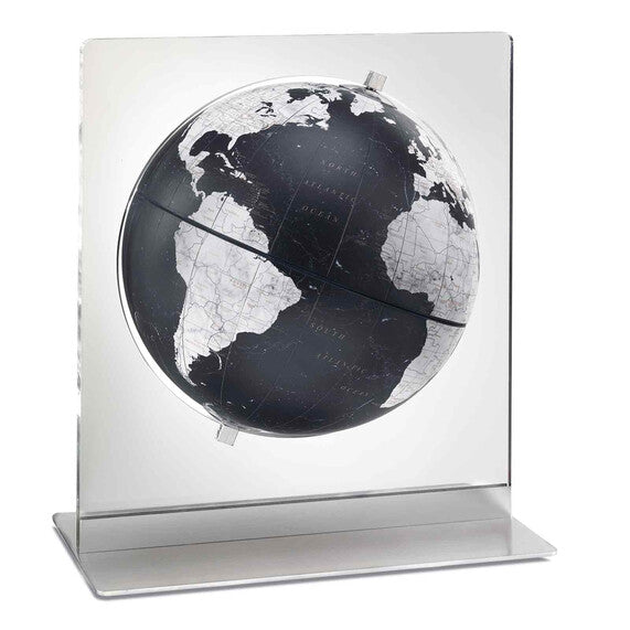 Zoffoli Aria: Black tabletop globe with a black-and-white world map and clear rectangular support.