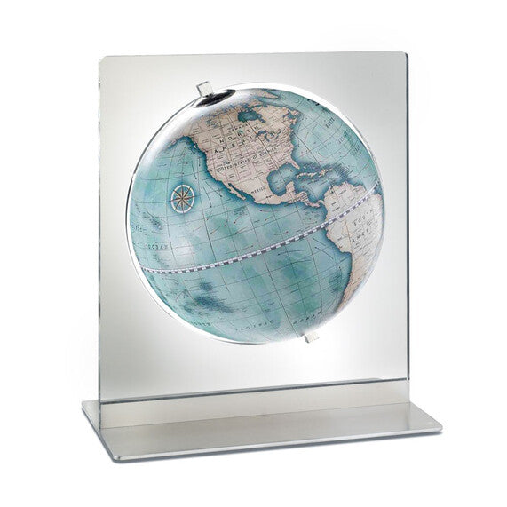 Zoffoli Aria: Indigo desk globe with a blue world map and transparent rectangular support.