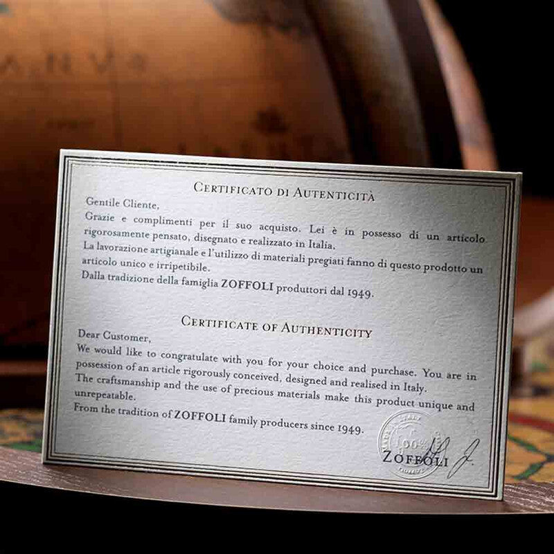 Zoffoli authenticity card displayed with the Da Vinci Rust globe bar.