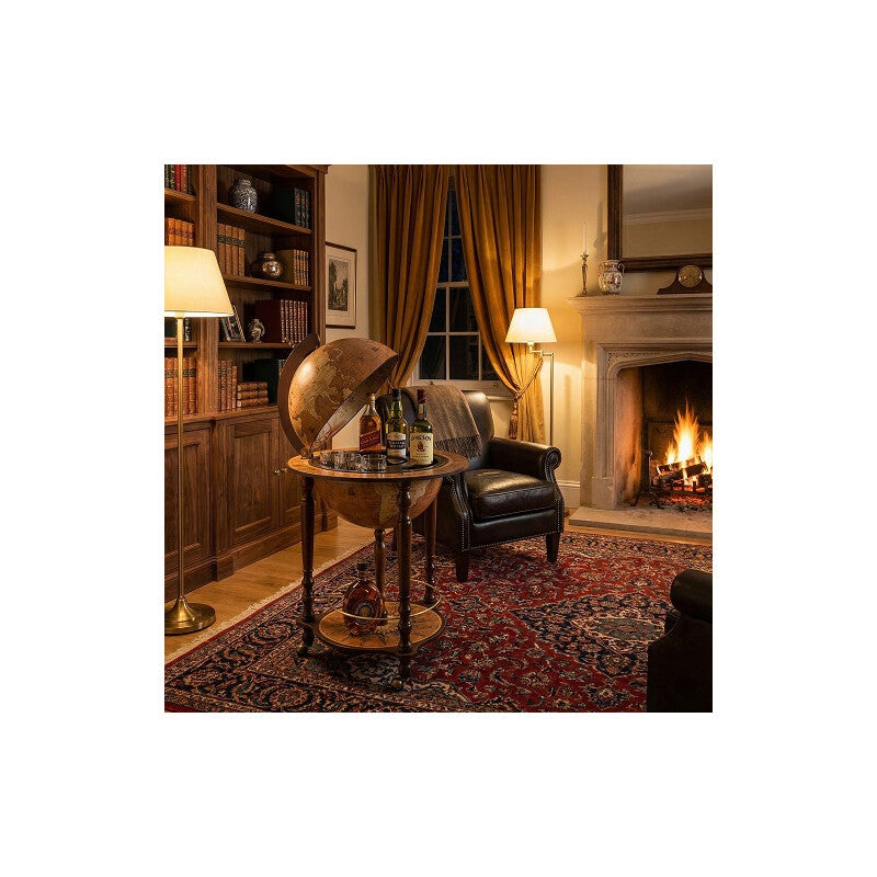Da Vinci Rust globe bar by Zoffoli in a warmly lit room with bookcases and an armchair.