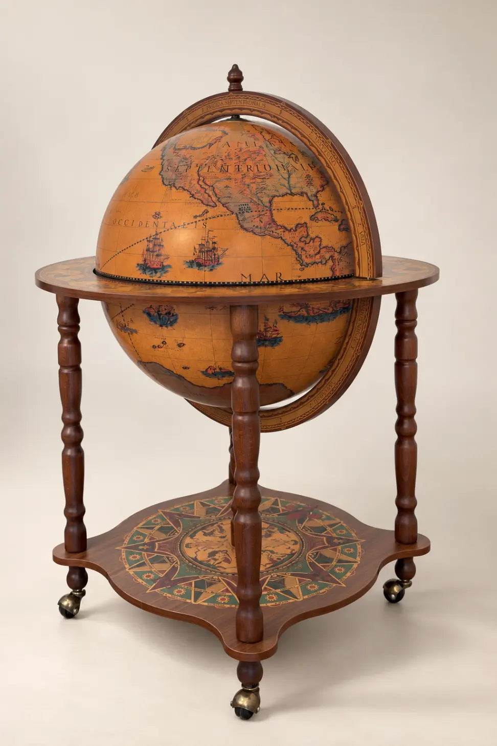 Full view of the Zoffoli Dedalo Classic globe bar with its sphere closed and lower shelf visible.