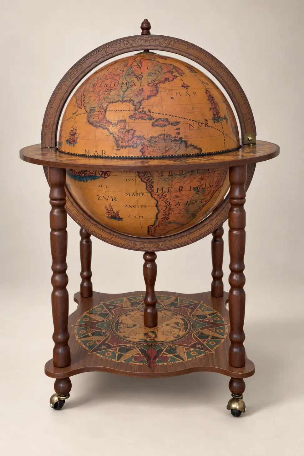Dedalo Classic globe bar by Zoffoli with a closed brown sphere, turned legs and lower shelf.