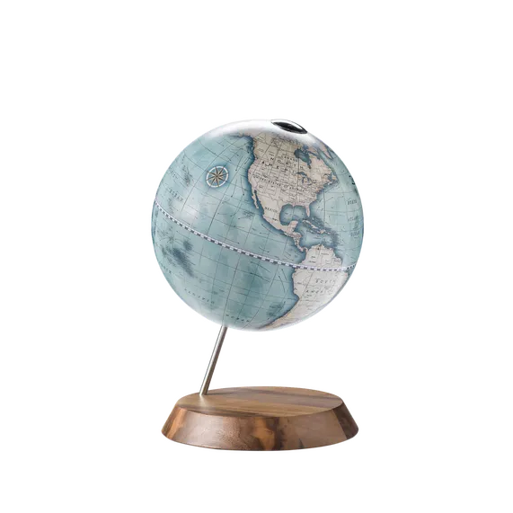 Zoffoli Desk: Indigo desk globe with a blue world map, angled metal stem and wooden base.