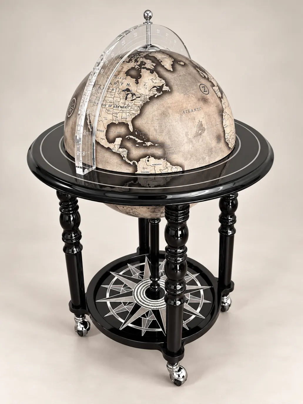 Zoffoli Elegance: Noir globe bar with its sphere closed and glossy black frame.