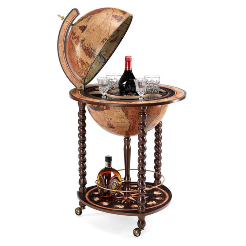 Zoffoli Explora: Honey Brown globe bar opened to display the internal drinks compartments.
