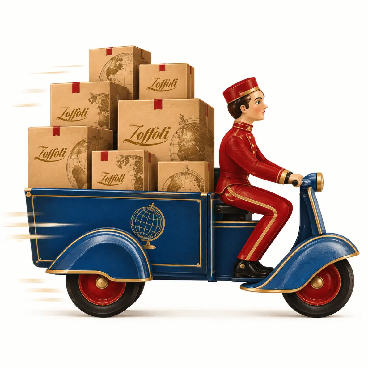 Illustrazione di un corriere in scooter con scatole Zoffoli.