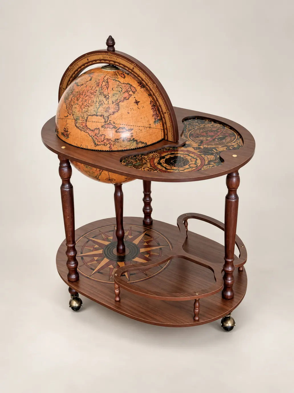 Zoffoli Giasone: Classic globe bar with closed brown sphere, oval base and metal side handles.