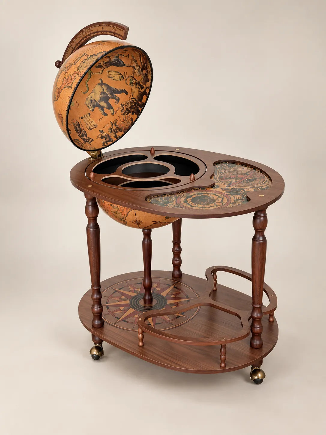 Zoffoli Giasone: Classic globe bar opened to show the wooden drinks compartments.