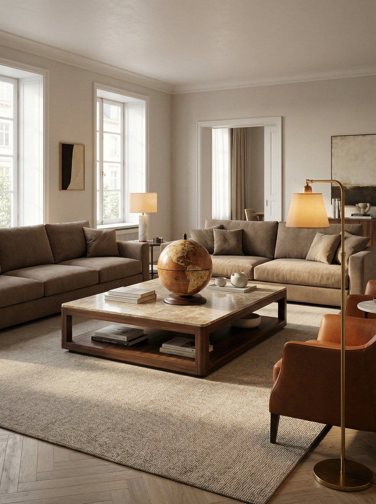 Mappamondo bar Giove Ruggine su un tavolino in un soggiorno elegante con divani beige.