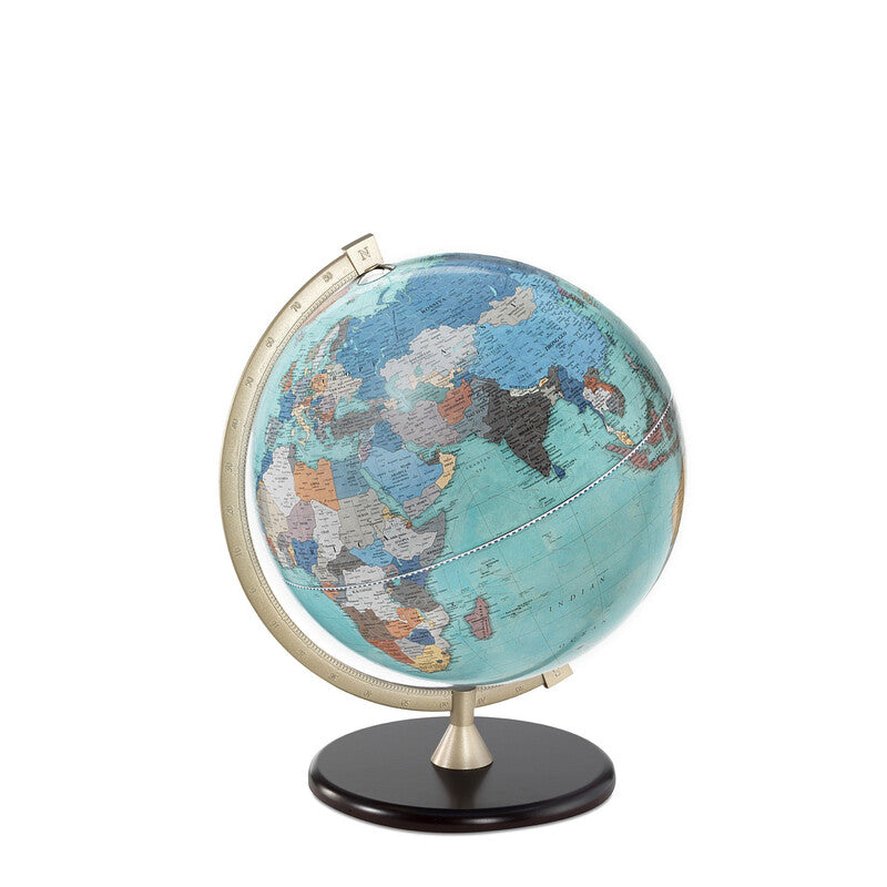 Zoffoli James Cook: Aquamarine desk globe with a blue world map and dark circular base.