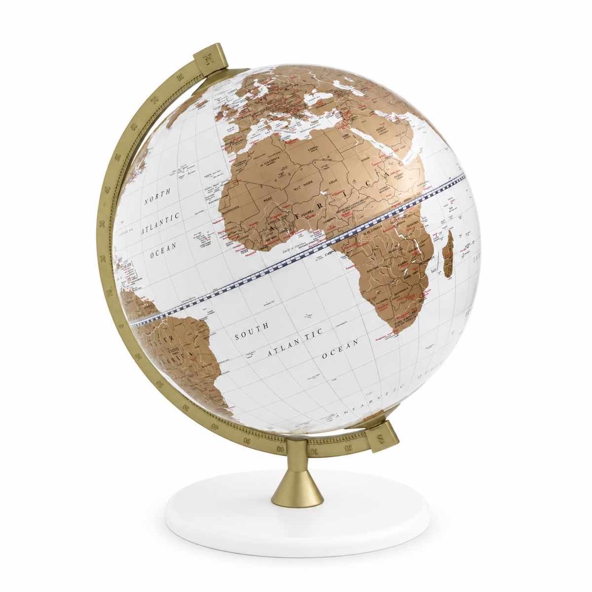Mappamondo da tavolo James Cook White Gold Zoffoli con cartografia bianca e oro.