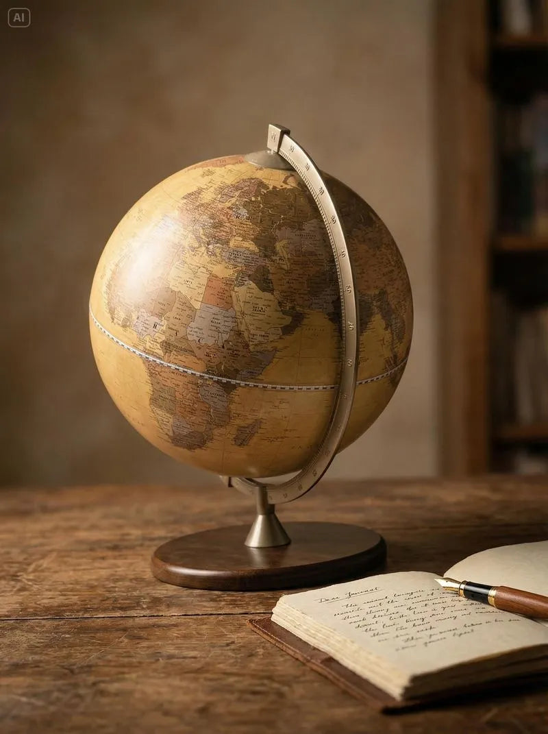 Zoffoli James Cook: Apricot desk globe on a wooden desk beside handwritten notes.