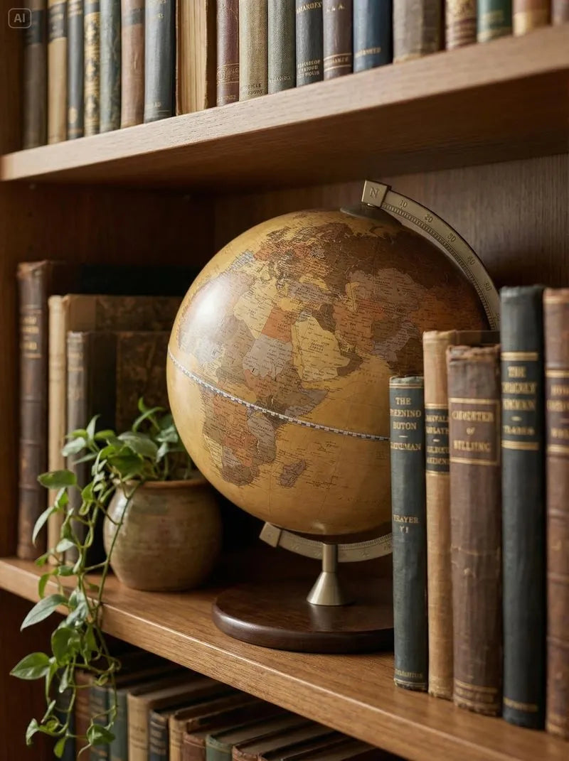 Zoffoli James Cook: Apricot decorative globe displayed on a bookcase with books.