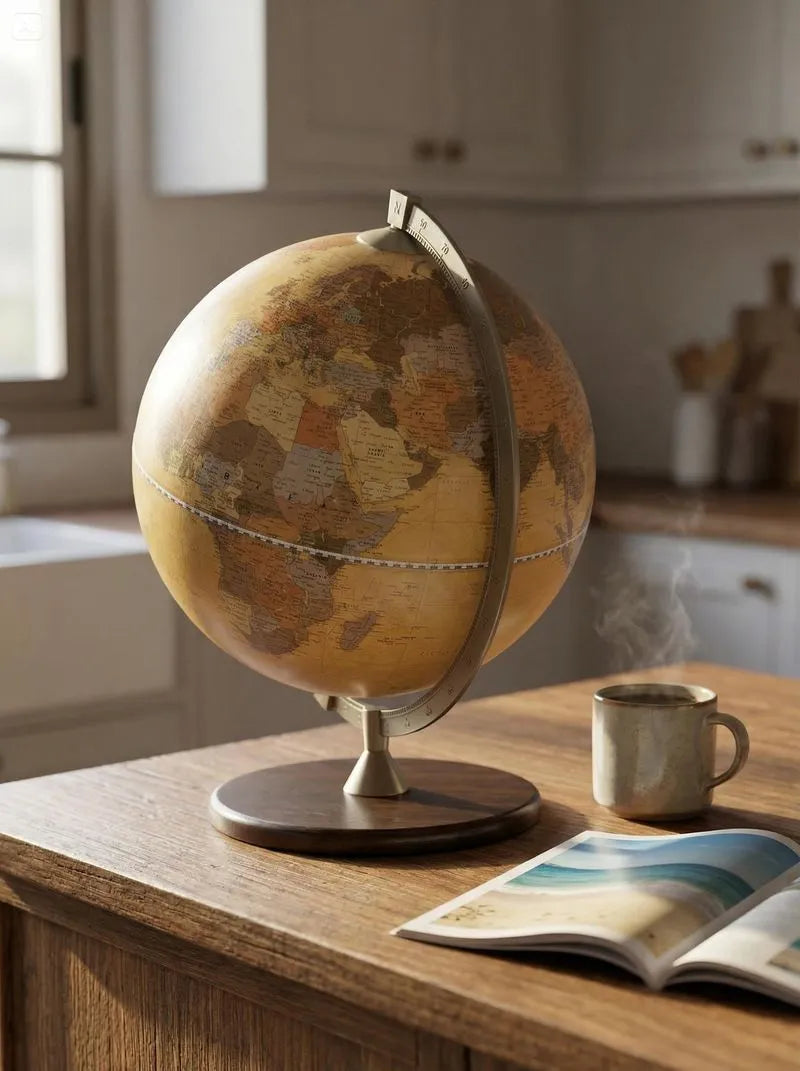 Zoffoli James Cook: Apricot tabletop globe beside a cup and an open book.