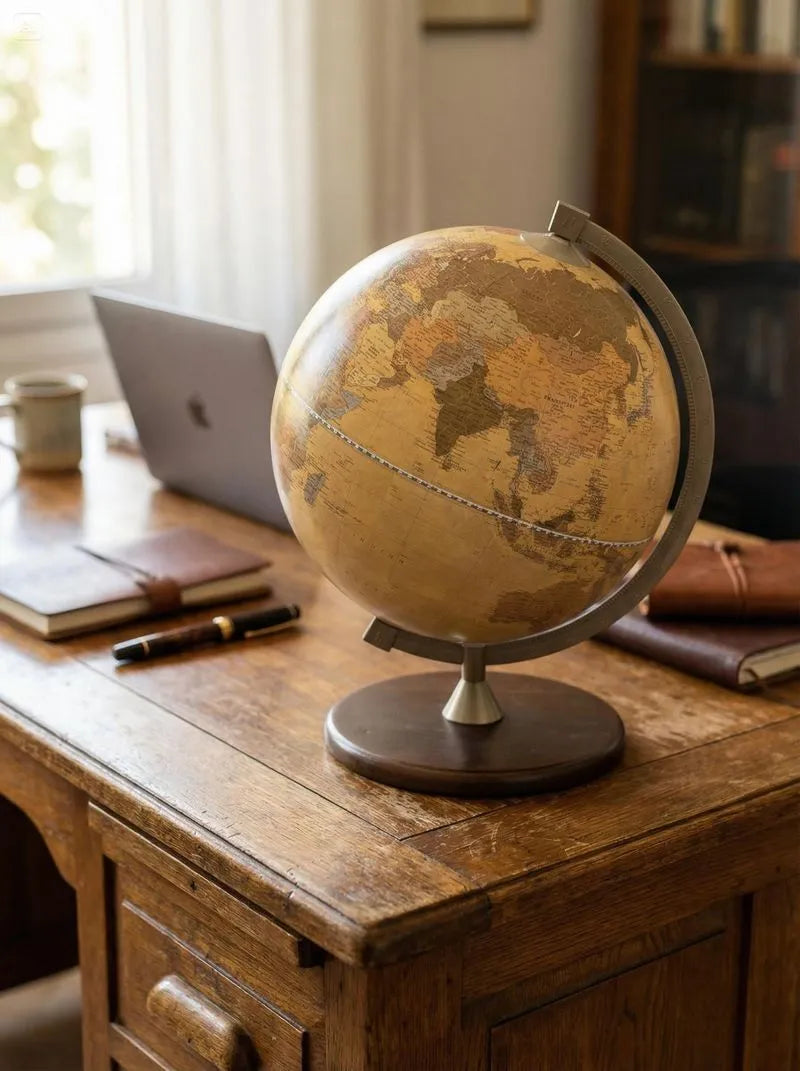 Zoffoli James Cook: Apricot desk globe beside a laptop in a sunlit study.