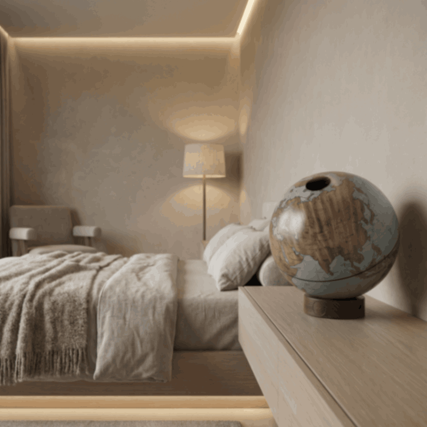 Zoffoli Orbis: White Gold globe on a wooden ring base on a bedside table beside a lamp.