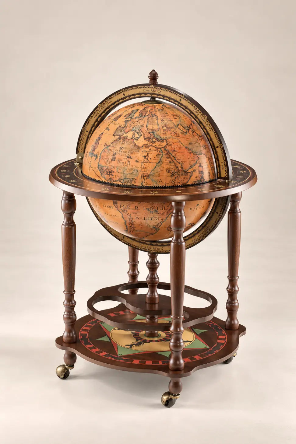 Zoffoli Minosse: Classic floor-standing globe bar with its sphere closed and wooden frame visible.