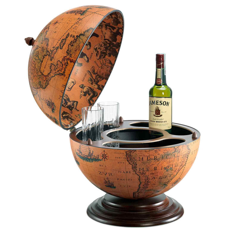 Zoffoli Nettuno: open brown tabletop globe bar stocked with a bottle and glasses.