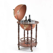 Zoffoli Petra: open globe bar stocked with bottles and glasses on its wheeled wooden stand.