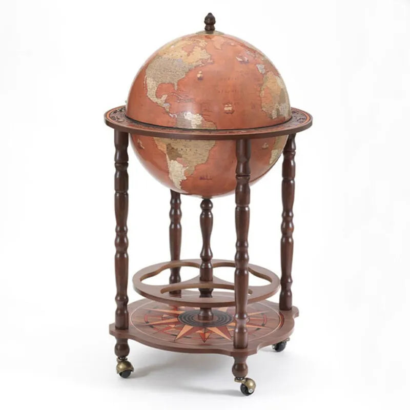 Zoffoli Petra: Cognac globe bar with its sphere closed, wooden legs and round lower shelf.
