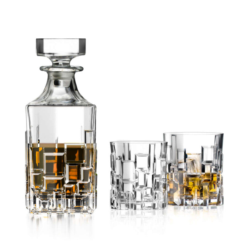 Zoffoli Etna whisky set with a glass decanter and six tumblers with gold accents.