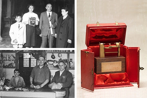 Fotografie storiche e trofeo del riconoscimento Tornio d'Oro 1963.