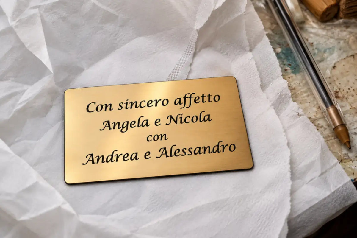 Targhetta dorata personalizzata con dedica incisa.