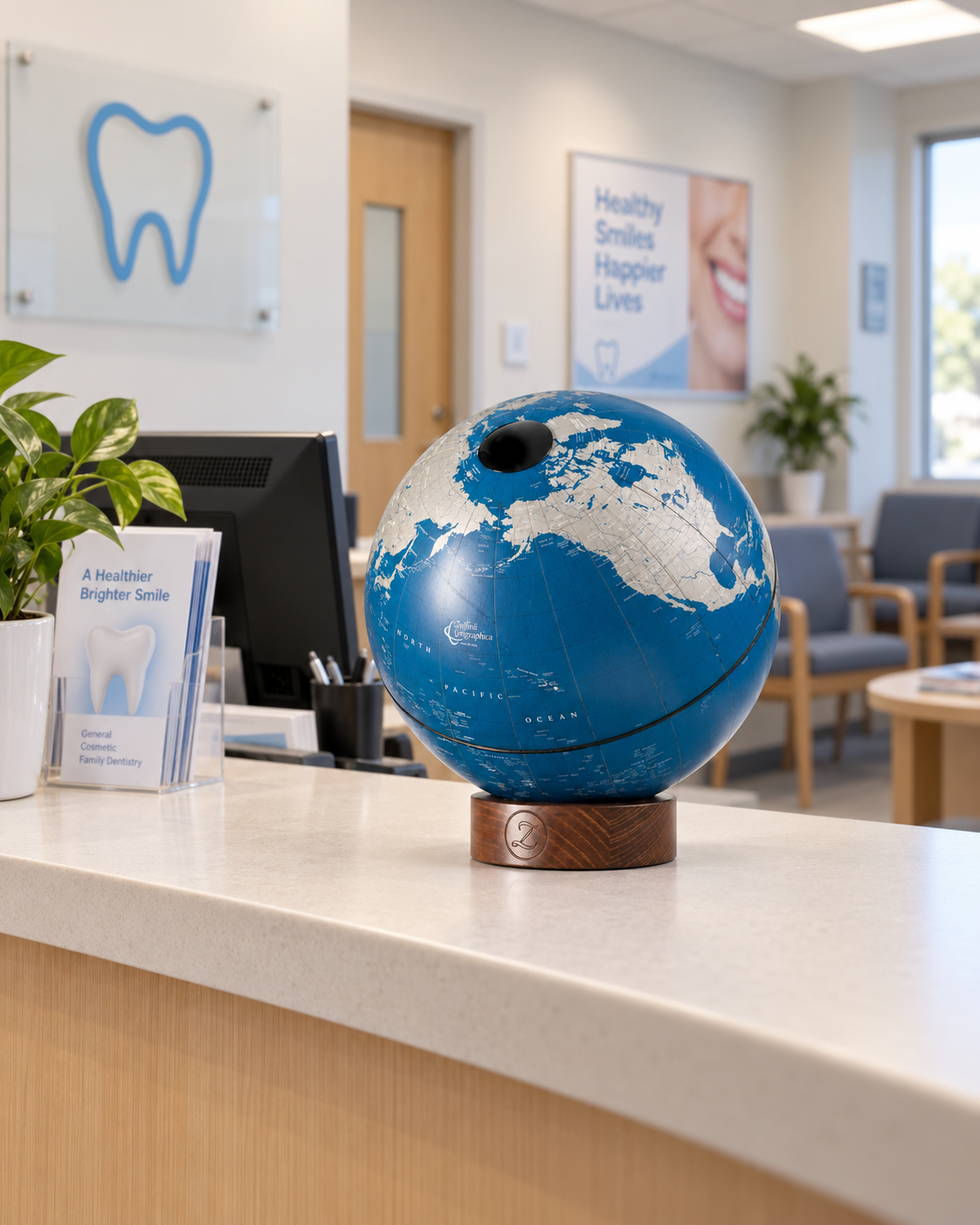 Mappamondo Orbis Zoffoli con cartografia azzurra sul banco di uno studio dentistico.
