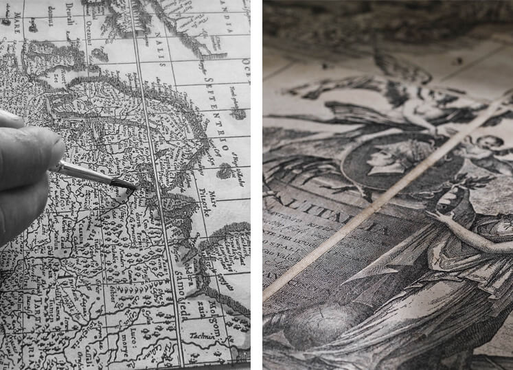 Lavorazione della cartografia e dettaglio di un'antica stampa geografica.