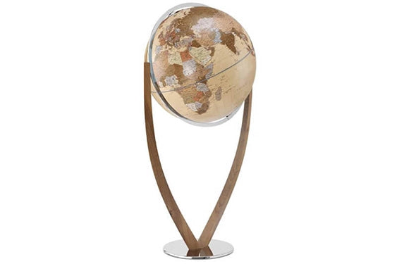 Zoffoli Vertigo Apricot globe, showing the full wooden frame and brown-toned world map.