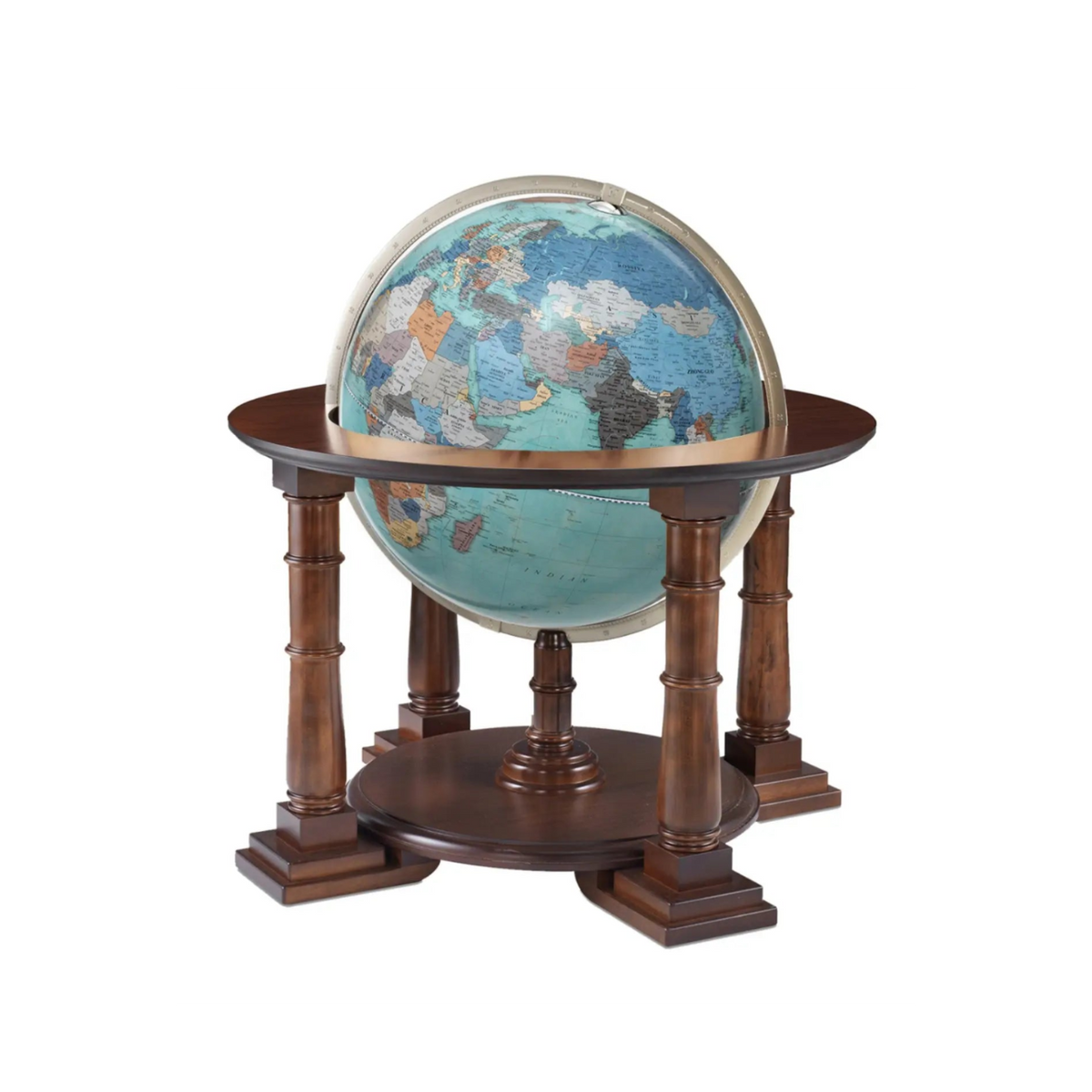 Mappamondo da terra Sirio Acquamarina Zoffoli con cartografia azzurra e struttura in legno.