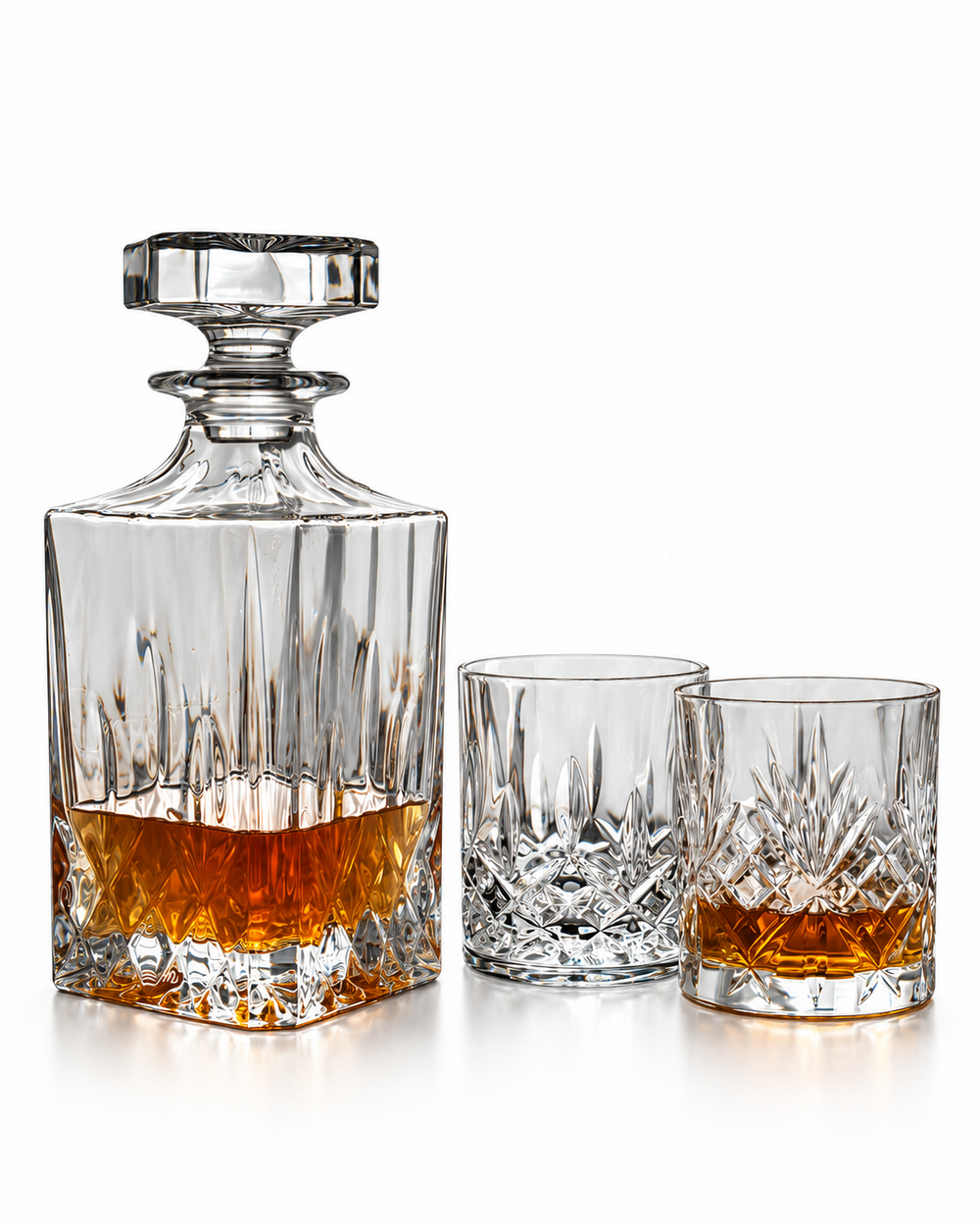 Set da whisky Zoffoli Etna, caraffa in cristallo e due bicchieri su sfondo bianco.
